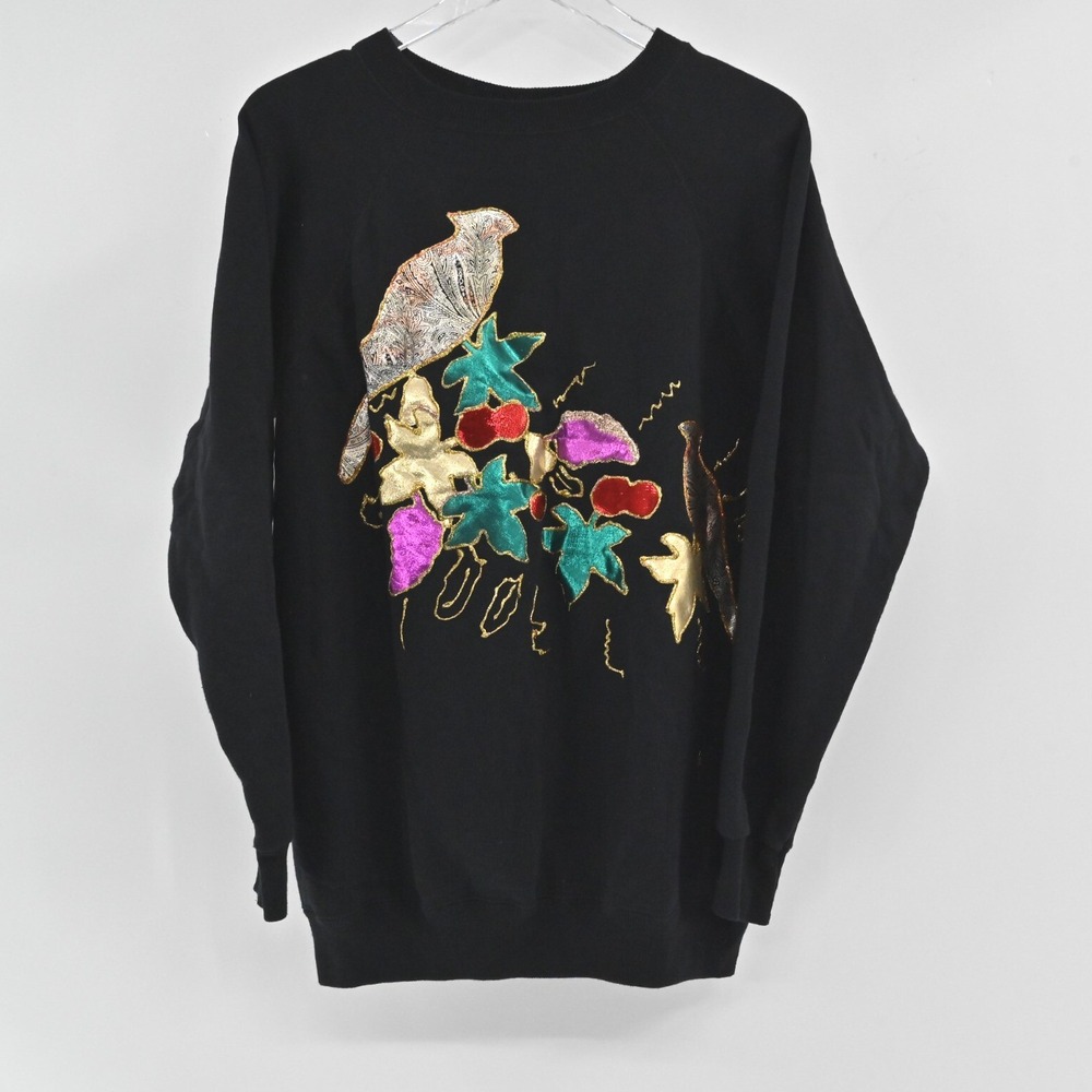 Hanes Sport Vintage Applique Sweatshirt‎ Womens Size L Black Cotton Bird Retro